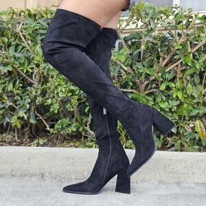 Women's Black Over The Knee pointed Chunky Block Heel Boots